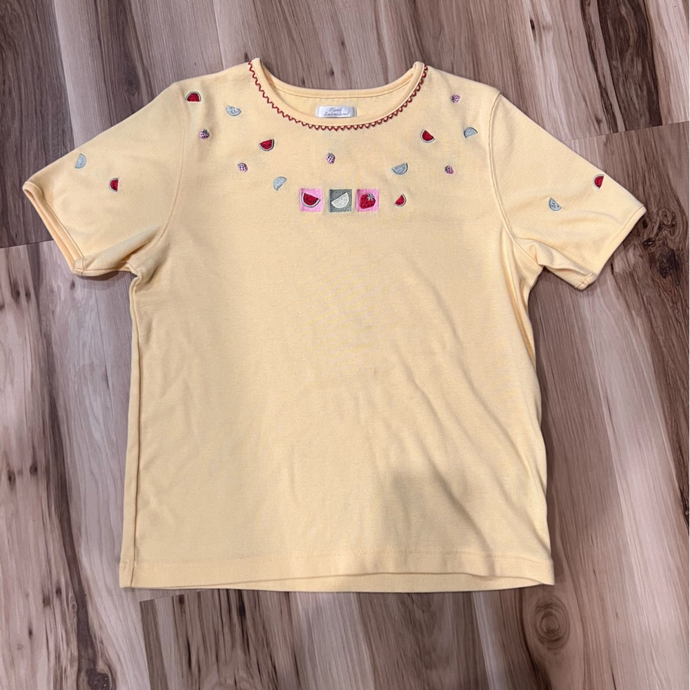 Christopher & Banks Butter Yellow Hand Embroidered Fruit Cottagecore Grandmacore